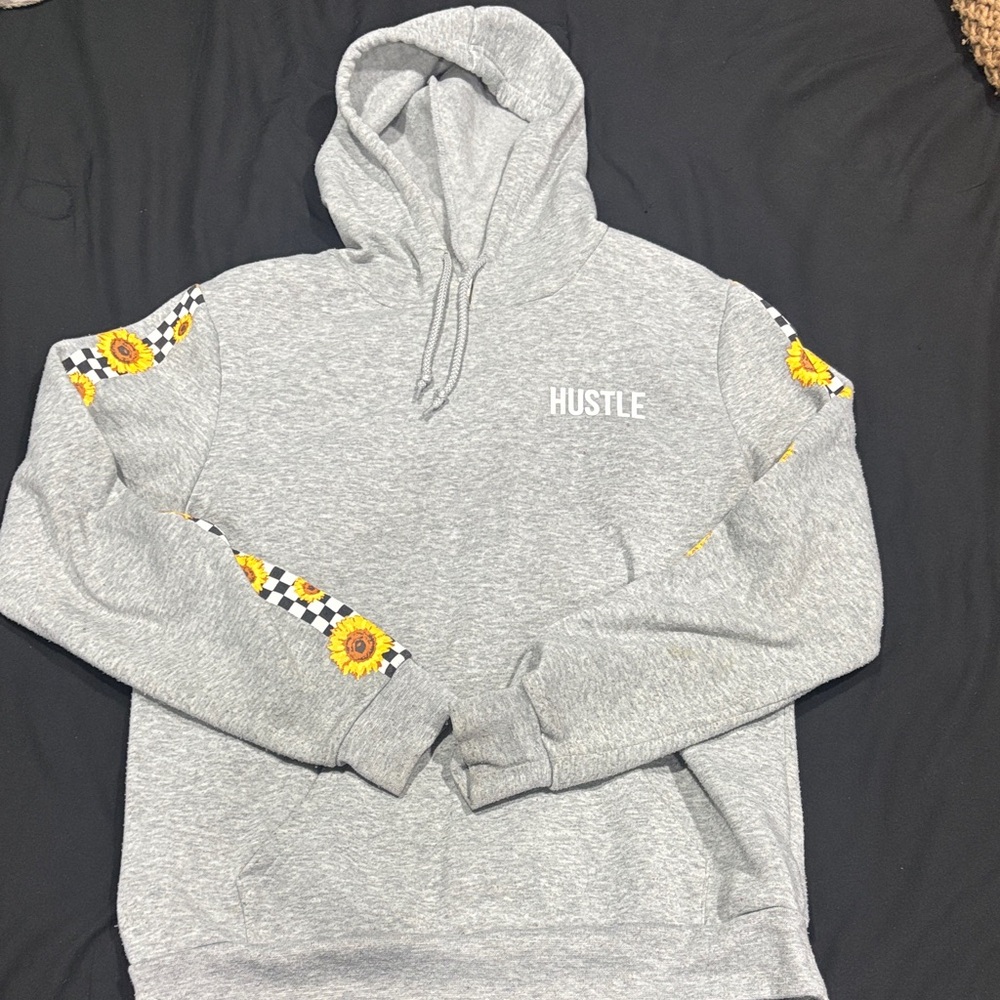 Hustler Hollywood Light Gray Hoodie with Sunflower and Checkered Details
